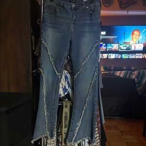 True Religion Distressed Blue Flare Jeans with Frayed Panels